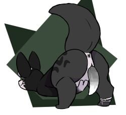 anus black_body butt coppermonoxide genitals green_eyes horn leg_accessory less_(ryanbutfurry) looking_at_viewer male markings penis presenting presenting_hindquarters rain_world scale_markings scales simple_background slugcat smug solo tapering_penis videocult white_penis