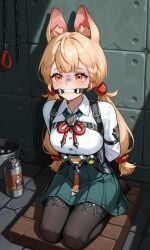alice_thymefield animal_ears arms_above_head arms_behind_back arrest arrested blonde_hair bondage bound braided_twintails gagged heterochromia long_hair pantyhose worried zenless_zone_zero