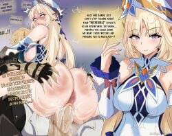 1boy 1girls anus ass bare_shoulders blonde_hair blue_eyes blush blushing breasts detached_sleeves dialogue english_text eyebrows_visible_through_hair genshin_impact gloves hat hetero huge_ass huge_cock large_breasts long_hair mikeydestituido nicole_reeyn_(genshin_impact) nipples penis pussy sex smile straight sweat sweatdrop sweating testicles text vaginal vaginal_penetration vaginal_sex varka_(genshin_impact)