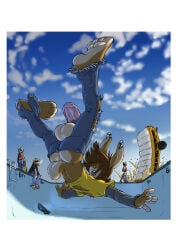 2017 anthro balls barefoot blue_sky border bottomwear bottomwear_down bus butt butt_cleavage clothed clothing commercial_vehicle denim denim_bottomwear denim_clothing destruction ear_piercing falling feet genitals gideon grind_(gideon) group hair hat headgear headwear hi_res humanoid_genitalia humanoid_penis jeans lagomorph leporid macro male mammal pants pants_down partially_clothed penis piercing public_transportation rabbit shirt skateboard skateboarding skater sky t-shirt topwear torn_bottomwear torn_clothing torn_jeans torn_pants vehicle vehicle_destruction vehicle_for_hire wardrobe_malfunction white_balls white_border