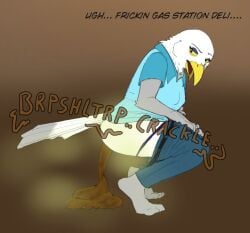 anthro artist_collaboration avian beak bird blue_clothing blue_shirt blue_topwear bottomwear bottomwear_down brown_background budsbutts butt clothed clothing crouching dipstick_tail dipstick_tail_feathers ellipsis english_text feathers feces feces_on_ground feces_pile female female_anthro female_pooping grey_body grey_feathers grey_tail_tip gull jadeder lari larid looking_back markings narrowed_eyes open_beak open_mouth pants pants_down partially_clothed partially_clothed_anthro partially_clothed_female pooping pooping_on_floor scatplay shirt simple_background solo sound_effects tail tail_feathers tail_markings text topwear white_body white_feathers yellow_eyes