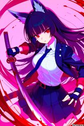 (titancore) 2026 adult ai_generated black_hair blade blood bloodmoon cute_girl female fox_ears fox_girl fox_humanoid girl hime_cut holding_object hoshimi_miyabi katana long_hair red_eyes school_uniform schoolgirl sword_master tagme thiren video_game_character zenless_zone_zero
