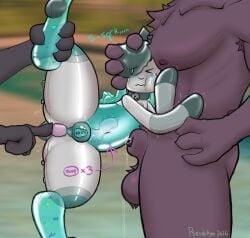 2026 ambiguous_species animal_genitalia animate_inanimate anthro bell bell_collar blue_body blue_eyes blush bodily_fluids bovid caprine cavity_storage collar digital_media_(artwork) femboy frutiger_aero genital_fluids genitals glistening glistening_body goat grabbing_face group hi_res improvised_sex_toy inflatable legs_up living_inflatable living_pool_toy male male/male mammal muscular muscular_male null null_bulge object_in_ass one_eye_closed pecs penetration penis precum pseudokym questionable_consent raised_leg reimy_(pseudokym) shaking sheath size_difference soap thick_thighs translucent translucent_body trembling trio water_wiggler