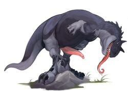 2026 abelisaurid animal_genitalia belly bodily_fluids carnotaurus claws cloaca cloaca_juice cloacal_penis colored dark_body digital_media_(artwork) digital_painting_(artwork) dinosaur erection fangs feet feral genital_fluids genitals grass grey_body hi_res long_tongue male multicolored_body open_mouth outside painting_(artwork) penis pink_penis plant prehistoric_species reptile ridges rock saurischian scalie scutes shaded simple_background skific slightly_chubby smile solo spikes spikes_(anatomy) tail tapering_penis teeth theropod toe_claws tongue tongue_out white_background yellow_eyes