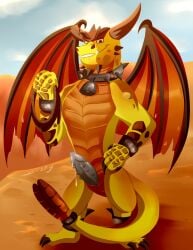 2019 activision anthro beard boris_(spyro) bracelet broken_horn claws collar dragon eyebrows facial_hair facial_spikes fangs genitals grin hand_on_hip hi_res holding_object holding_rope horn jewelry male muscular muscular_anthro muscular_male muskydusky mythological_creature mythological_scalie mythology orange_body orange_scales penile_spines penis reptile rescued_dragons_(spyro) rock rope sand scales scalie sharp_teeth sky slit_penis smile solo spikes spikes_(anatomy) spyro_reignited_trilogy spyro_the_dragon standing tail teeth thick_eyebrows underbite wings yellow_body yellow_scales