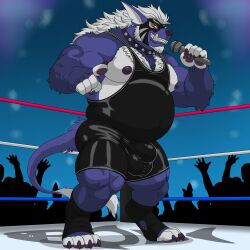 1:1 absurd_res anthro blue_body blue_fur bobbellyboy bulge canid canid_demon canine collar demon detailed_bulge electronics fur group hair hellhound hi_res hydroplane long_hair male male_anthro male_focus mammal mask microphone musclegut muscular muscular_male mythological_canine mythological_creature mythology overweight overweight_anthro overweight_male red_eyes solo_focus spiked_collar spikes sports_mask sportswear standing tail tibicena wrestler wrestling wrestling_mask wrestling_singlet yellow_sclera
