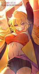 1girls blonde_female blonde_hair cherryinthesun clothed_female long_hair long_hair_female pose posing purple_eyes rwby solo_female tank_top yang_xiao_long