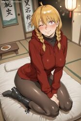 1girl ahoge ai_generated blonde_hair blush boots braid breasts clock friendship_is_magic futon gabby_(mlp) hair_over_shoulder hi_res high_heel_boots high_heels high_quality high_resolution hood large_breasts long_hair looking_at_viewer one_eye_closed pantyhose patreon pillow red_eyes savvyraexo seductive sexy sitting smile solo tissue_box twin_braids uncensored watermark