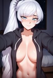 1girls ai_generated blush female female_only hoodie hoodie_only long_hair looking_at_viewer open_clothes open_hoodie rwby selfie selfie_pose shiny_hair shiny_skin smile solo solo_female tagme weiss_schnee