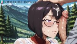 1boy 1girls after_fellatio ai_generated artist_name artist_signature black_hair blush cum cum_in_mouth cum_on_body cum_on_clothes cum_on_glasses cum_on_hair ejaculation erection facial glasses hetero hi_res high_resolution highres kurutai lee_bora male_pubic_hair outdoors penis penis_on_face pov pubic_hair purple_eyes solo_focus solo_leveling subscribestar subscribestar_username uncensored wet