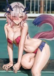 1girl absurdres alternate_costume arknights arknights:_endfield bikini breasts cleavage closed_mouth commentary demon_girl demon_horns eyes_visible_through_hair hair_over_one_eye highres horns large_breasts mi_fu_(arknights:_endfield) mole mole_on_breast mole_under_eye pink_eyes pink_hair pointy_ears pool poolside red_bikini revision short_hair solo strapless strapless_bikini swimsuit tail wet
