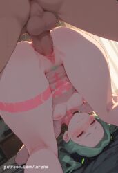1girl ai_art ai_generated anvil_position artist:lurena breasts clitoral_hood clitoris cyberpunk:_edgerunners female lurena nipples nude nude_female nude_male patreon_url plump rebecca_(edgerunners) rough_sex sex
