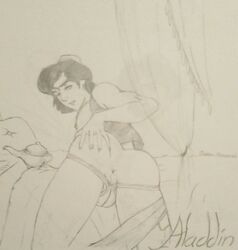 aladdin aladdin_(character) anus background clothed disney looking_at_viewer male_only monochrome pov presenting queen_shyniece traditional_art twink