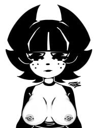 2026 artist_upload big_breasts bigoldstinker black_hair black_lipstick boobs boobs_out cartoony choker cleavage demon demon_girl dress freckles gray_nipples grey_nipples hair_horns high_quality highres ibispaint_(artwork) ibispaintx lipstick looking_at_breasts looking_down neutral_expression nipple_piercing nipples nsfw oc original original_artwork original_character pierced_nipples self_upload short_hair succubus