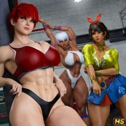 3d 3girls abs ass big_ass big_breasts breasts elena_(street_fighter) facial_tattoo female fit fit_female hagiwara_studio highres josie_rizal megumi_hagiwara muscular muscular_female original original_character pinup pubic_hair red_hair street_fighter tagme tekken tekken_7 thick_thighs watermark yellow_eyes