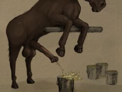 anatomically_correct anatomically_correct_genitalia animal_genitalia animal_penis balls big_balls bodily_fluids brown_body digital_drawing_(artwork) digital_media_(artwork) equid equine equine_genitalia equine_penis excessive_urine feral genital_fluids genitals hooves male mammal monochrome otterdock peeing_into_bucket peeing_into_container penis realistic_feral sepia simple_background solo urine watersports