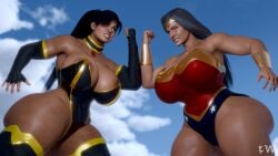 2girls 3d 3d_(artwork) amazon black_hair blue_eyes catfight clothed diana_prince female_focus female_only flyinwombat fully_clothed grabbing mary_batson mature_female muscular_female superwoman superwoman_(mary_batson) wonder_woman wonder_woman_(series)