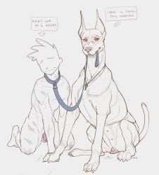 anatomically_correct animal_genitalia animal_vulva bodily_fluids canid canine canine_genitalia canine_vulva canis chastity_cage chastity_device collar count dobermann domestic_dog dominant dominant_female dominant_feral duo english_text female female_feral feral genital_fluids genitals hi_res holding_leash holding_object human humanoid_genitalia humanoid_penis keyholding leash leash_in_mouth male mammal multi_nipple nipples object_in_mouth orgasm_count orgasm_denial penis pinscher scratches submissive submissive_human submissive_male syn-6 text vaginal_fluids vulva