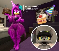 3d_(artwork) age_difference anthro avian beanie bed bedroom bedroom_eyes big_breasts big_butt bird birthday bow_ribbon breasts butt bytes_(whooofly) cake clothing dessert digital_media_(artwork) duo fan_character female food furniture genitals hair hand_on_breast hat headgear headwear hirundinid huge_breasts huge_butt image_bubble long_hair male mammal mature_female narrowed_eyes nude nude_female older_female open_mouth oscine party_hat passerine procyonid raccoon seductive sega shirt shocked sonic_(series) sonic_the_hedgehog_(series) sonico4ever standing swallow_(bird) t-shirt thick_thighs topwear tsunami_the_swallow_(sonico4ever) vulva wide_eyed wide_hips younger_male