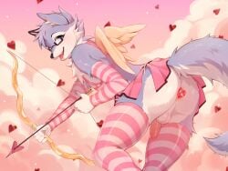 5_fingers anal anal_penetration anthro arm_warmers armwear backsack balls blue_body blue_fur bottomwear bow_(weapon) butt buttplug canid canine canis clothed clothing crossdressing cupid eyewear femboy fingers fumiko fur genitals glasses heart_symbol legwear male mammal nude nude_anthro nude_male pattern_armwear pattern_clothing pattern_legwear pattern_thigh_highs penetration penis perineum pink_clothing pink_legwear pink_penis pink_thigh_highs plug_(sex_toy) ranged_weapon sex_toy skirt sky solo striped_armwear striped_clothing striped_legwear striped_thigh_highs stripes tail thigh_highs weapon white_balls white_body white_fur white_perineum wolf
