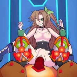 arm_grab blush boots breasts brown_hair choker clenched_teeth clothing female green_eyes hair_ornament if_(neptunia) leaf_hair_ornament long_hair lying neptunia_(series) nipples on_back penetration penis pussy rape restrained robot santystuff side_ponytail spread_legs stomach_bulge tears torn_clothes vaginal_penetration wince