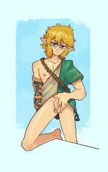 balls blonde_hair clothing flaccid foreskin genitals hair half-closed_eyes hi_res humanoid humanoid_genitalia humanoid_penis humanoid_pointy_ears hylian link link_(tears_of_the_kingdom) male narrowed_eyes nintendo penis pointy_ears shirt solo tears_of_the_kingdom the_legend_of_zelda topwear tunic unretracted_foreskin xing1