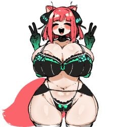 1girl animal_ears areola_slip black_bra black_panties blunt_bangs bra breasts cat_ears cat_girl cleavage closed_eyes commentary crr001 curvy double_v facing_viewer go-toubun_no_hanayome groin huge_breasts lingerie nakano_nino navel open_mouth panties red_hair short_hair solo teeth thighhighs underwear upper_teeth_only v white_thighhighs