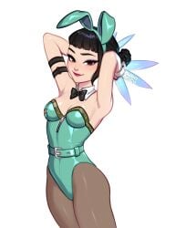 1girls 2026 2d alternate_costume asian asian_female black_hair blush blushypixy blushyspicy bowtie bunny_ears bunnysuit clothed female female_only hair_buns kpop_demon_hunters simple_background smile white_background zoey_(kpop_demon_hunters)