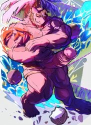 absurd_res ambiguous_fluids balls big_breasts bodily_fluids breasts bubble cum eyebrows genital_fluids genitals grin hair hi_res humanoid male male/male muscular nintendo nipples pecs penis pokemon pubes scar sex simple_background smile solo woof_bolw