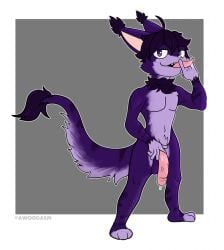 2020 anthro awoogasm bodily_fluids dripping ear_tuft fangs genital_fluids genitals gesture hair half-closed_eyes hi_res hybrid looking_at_viewer male narrowed_eyes neck_tuft nude open_mouth penis precum precum_drip purpleyes raised_tail signature solo standing tail tail_tuft teeth tongue tongue_out tuft vein
