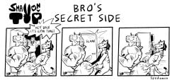 3boys anthro anthro_on_anthro ass blush blushing butt caught caught_in_the_act comic dialogue english_text from_behind gay large_penis looking_at_another male male/male male_only muscular muscular_male penetration small_dom_big_sub smaller_male spedumon text