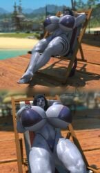 anthro beach big_breasts bikini breasts clothing dark_hair felid feline female final_fantasy final_fantasy_xiv fur fur_markings furniture furryrex green_eyes hand_behind_head hand_on_breast hi_res hrothgar huge_breasts mammal markings pubes ring solo square_enix swimwear tail two-piece_swimsuit water