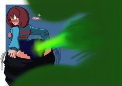 1girls 2d_(artwork) artist_signature ass ass_bigger_than_head ass_bigger_than_torso ass_focus blush blush_lines breasts embarrassed fart fart_cloud fart_everywhere fart_fetish farting farts fat_ass female female_focus female_frisk female_only freckles freckles_on_ass freckles_on_face frisk frisk_(undertale) hips hips_wider_than_shoulders huuson_ onomatopoeia panties pants_pull sweater text text_bubble thick_ass undertale wardrobe_malfunction