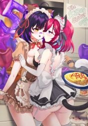 2girls 7_mochi_mochi_7 absurdres ahoge animal_ears apron aroused ass back bandaid bandaid_on_face bandaid_on_nose big_ass black_dress black_hair blue_hair blush breasts breasts_squeezed_together butt cat cat_ears cat_tail cleavage colored_inner_hair dress elbow_gloves female food garter_straps gloves grinding_on_leg hair_ornament hair_ribbon highres indie_virtual_youtuber kitchen large_breasts lesbian licking licking_another's_face looking_at_another maid maid_apron maid_headdress multicolored_hair multiple_girls omelet omurice open_mouth paw_hair_ornament purple_eyes purple_streaks rainhoe ribbon saiiren short_dress short_hair short_sleeves sideboob sitting streaked_hair tail thighhighs thighs tits tongue tongue_out virtual_youtuber vtuber white_gloves white_thighhighs yellow_eyes yuri