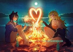 2girls beach black_hair black_hair_female blake_belladonna blonde_female blonde_hair campfire canon_couple cherryinthesun clothed_female fireworks long_hair long_hair_female night ocean robotic_arm rwby yang_xiao_long