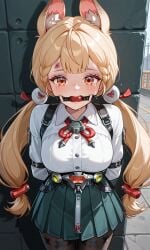 alice_thymefield animal_ears arms_above_head arms_behind_back arrest arrested blonde_hair bondage bound braided_twintails gagged heterochromia long_hair pantyhose worried zenless_zone_zero