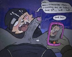 absurd_res anthro apple_inc. beanie black_beanie black_clothing black_hat black_headwear black_hoodie black_shirt black_t-shirt black_topwear blush bodily_fluids canid canine canis cellphone clothing critter_(critteremitter) critteremitter cum cum_drip cum_on_face cum_on_hat cum_on_self digital_media_(artwork) digital_painting_(artwork) domestic_dog dripping duo electronics english_description english_text erection first_person_view fur genital_fluids genitals good_boy grey_body grey_fur gynomorph hat headgear headwear hi_res holding_cellphone holding_object holding_phone holding_smartphone hoodie humanoid_genitalia humanoid_hands humanoid_penis intersex iphone licking looking_pleasured male mammal mixed_media mouse murid murine one_eye_closed oral painting_(artwork) pantsless_anthro pantsless_gynomorph penile penis penis_lick phone photo_background photography_(artwork) recording_sex recording_video rodent saliva saliva_on_penis sex shirt smartphone speech_bubble spread_legs spreading t-shirt tan_body tan_fur text tongue tongue_out topwear traditional_media_(artwork) trans_(lore) trans_woman_(lore) travis_(critteremitter)