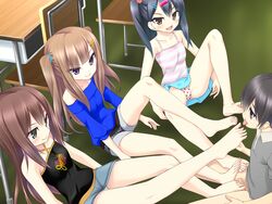 1boy 3girls barefoot black_hair brown_eyes brown_hair classroom feet foot_lick footjob green_eyes hairclip hatsu long_hair multiple_girls purple_eyes side_ponytail sitting tied_hair toes tongue tongue_out twintails upskirt