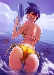 1girls ass back_view beach bikini blizzard_entertainment brown_eyes brown_hair butt eyeshadow female foxilumi freckles fringe looking_at_viewer looking_back naughty_face overwatch presenting_ass short_hair slim small_ass solo spiky_hair tracer yellow_eyes