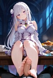 1boy 1girl ai_generated bare_legs bare_shoulders barefoot blush braid breasts cleavage closed_mouth crown_braid detached_sleeves dress elf emilia_(re:zero) erection feet flower food foot_focus footjob foreskin french_braid hair_flower hair_ornament hair_ribbon head_tilt hetero indoors long_hair long_sleeves looking_at_viewer male_pubic_hair medium_breasts natsuki_subaru night on_table penis penis_out pointy_ears pov pubic_hair purple_eyes purple_ribbon re:zero_kara_hajimeru_isekai_seikatsu ribbon sitting sitting_on_table smile soles solo_focus table toenails toes two-footed_footjob uncensored very_long_hair white_dress white_flower white_hair white_rose x_hair_ornament