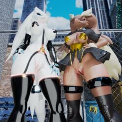 1:1 3d_(artwork) anthro areola areola_slip blender_(artwork) boots breasts clothing digital_media_(artwork) dress duo eyewear female female_anthro footwear generation_4_pokemon generation_5_pokemon genitals glasses hand_on_leg hand_on_thigh hands_on_hips handwear harness hi_res latex latex_clothing latex_handwear latex_legwear leather leather_boots leather_clothing leather_footwear legband legendary_pokemon legwear looking_at_viewer looking_down looking_down_at_viewer lopunny low-angle_view medium_breasts nintendo nipple_tape outside pasties pokemon pokemon_(species) pokemorph reshiram shoes smile smirk tape teknotyk thighband vulva watermark wide_hips