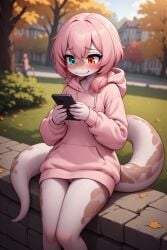 ai_generated anthro barely_visible_genitalia bottomless_female female heterochromia phone pink_eyes pussy scalie sitting snake white_body young