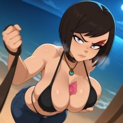 1girl ai_generated beach bikini_top black_bikini black_hair condom condom_wrapper dofus femdom frida_mofette grabbing_own_breast heavy_breathing horny horny_female jeans large_breasts leashed_pov looking_at_viewer mark moon necklace night pov sand sea short_hair sky steam steamy_breath thong viewer_pov wakfu