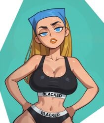 1girls ai_assisted ai_generated bandana blacked blacked_clothing blonde_hair blue_eyes cleavage edit female grok hands_on_hips lindsay_(tdi) long_hair looking_at_viewer navel no_pupils nude panties solo sports_bra total_drama_island
