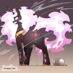1:1 alternate_species animal_genitalia anus black_body bodily_fluids butt changeling_(mlp) cold-blooded-twilight english_text equine_genitalia eyelashes fangs female feral friendship_is_magic genital_fluids genitals hasbro hi_res looking_back my_little_pony princess_celestia_(mlp) pupils quadruped smile solo tail teeth text vaginal_fluids vulva