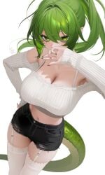 1girl 1girls 2026 absurd_res alternate_costume arknights arknights:_endfield armpits artist_name bare_shoulders black_shorts bra bra_peek bra_strap breasts buttons cleavage clothed covered_mouth crop_top cropped_sweater fluorite_(arknights:_endfield) green_eyes green_hair green_nails highres large_breasts long_hair long_sleeves midriff nail_polish navel oikomia pointy_ears ponytail shorts sidelocks solo standing sweater tagme tail thighhighs thighs torn_clothes torn_shorts underwear white_background white_bra white_sweater white_thighhighs
