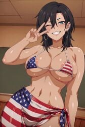 1girls ai_generated american american_female american_flag american_flag_bikini areolae bikini blue_eyes breasts classroom earrings female female_focus female_only freckles indoors inside looking_at_another looking_at_viewer micro_bikini one_eye_closed one_eye_open original_character peace_sign public public_exposure public_indecency sexy sexy_body sexy_female smile smiling smiling_at_viewer smiling_female tagme