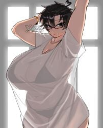 1girls akira404040 breasts cleavage clothing english_text female female_focus female_only hi_res large_breasts light-skinned_female light_skin looking_at_viewer mature_female milf neru_(akira404040) original solo text thick_thighs thighs wide_hips