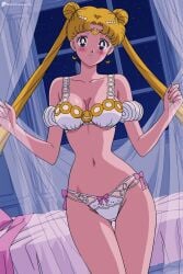 1girl ai_generated bed bishoujo_senshi_sailor_moon blonde_hair blue_eyes blush bow bow_panties bra breasts cleavage collarbone cowboy_shot crescent curtains digitalwaifugallery double_bun earrings facial_mark hair_bun hi_res high_quality high_resolution indoors jewelry lingerie long_hair looking_at_viewer medium_breasts navel night night_sky panties patreon seductive sexy sky smile solo star_(sky) thigh_gap twintails uncensored underwear underwear_only usagi_tsukino very_long_hair watermark white_bra white_panties window