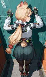 alice_thymefield animal_ears arms_above_head arrest arrested back blonde_hair braided_twintails heterochromia long_hair pantyhose worried